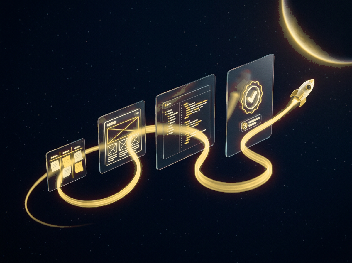 A glowing gold flight path passing through discovery, design, build, and launch milestones