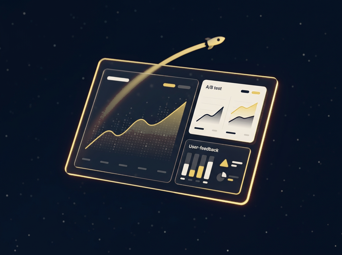 Glass analytics dashboard with an A/B test panel and a rocket trail rising above it